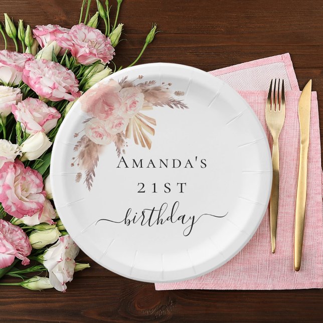 Birthday pampas grass blush rose gold florals paper plate (Creator Uploaded)