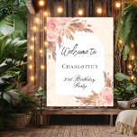 Birthday pampas grass rose gold blush arch welcome poster<br><div class="desc">A welcome poster for an elegant and modern birthday party. Golden marble and a white arch shape decorated with boho style pampas grass,  rose gold and blush pink florals.  Personalize and add your name and age.</div>
