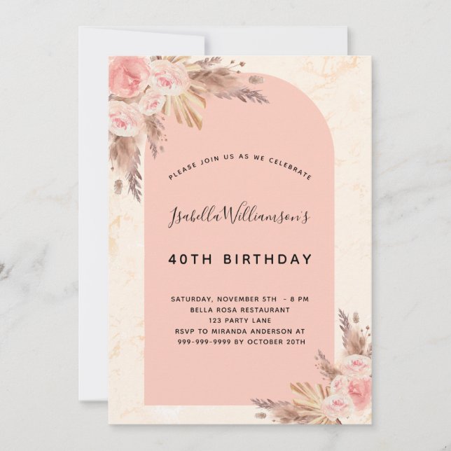 Birthday pampas grass rose gold blush pink invitation (Front)