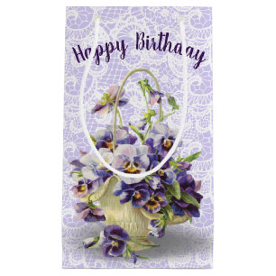 Birthday Pansy Basket On Lace Small Gift Bag