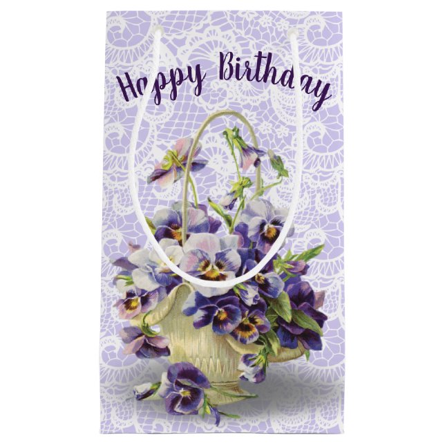 Birthday Pansy Basket On Lace Small Gift Bag (Front)