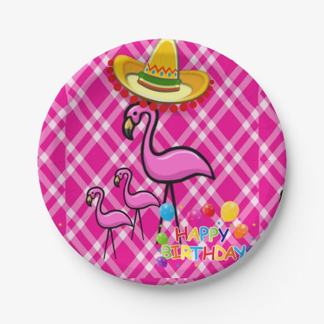 Birthday Paper Plates, Flamingo Plate (Front)