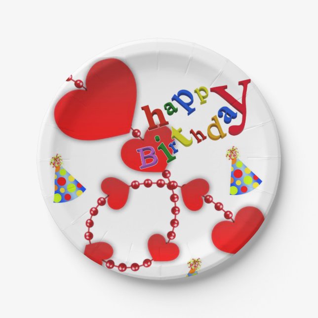 Birthday Paper Plates, Red Hearts Plate (Front)