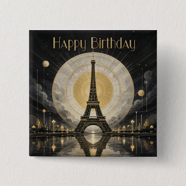Birthday Paris Eiffel Tower Gold Deco 2 Inch Square Button (Front)