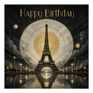 Birthday Paris Eiffel Tower Gold Deco Poster