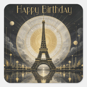 Birthday Paris Eiffel Tower Gold Deco Square Sticker