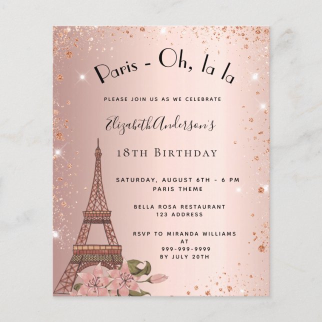 Birthday Paris rose gold Eiffel budget invitation Flyer (Front)
