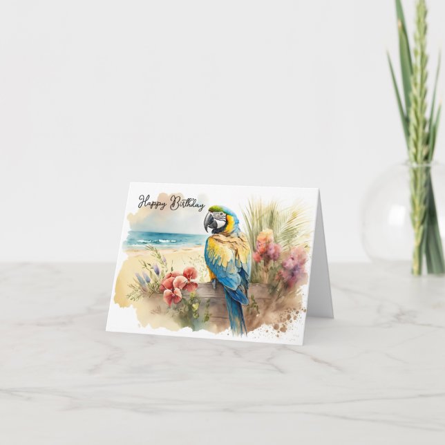 Birthday Parrot with Tropical Flowers Card (Front)