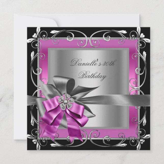Birthday Party 30th Black Pink Silver Grey Bow Invitation (Front)