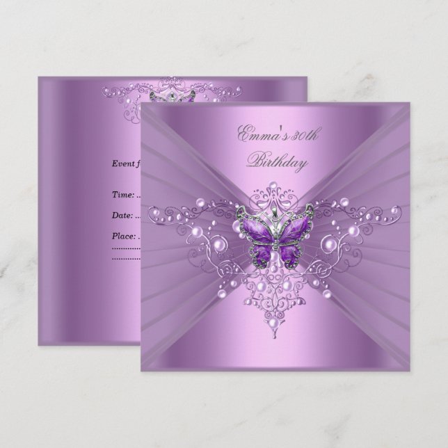 Birthday Party 30th Lilac Pearl Purple Butterfly Invitation (Front/Back)