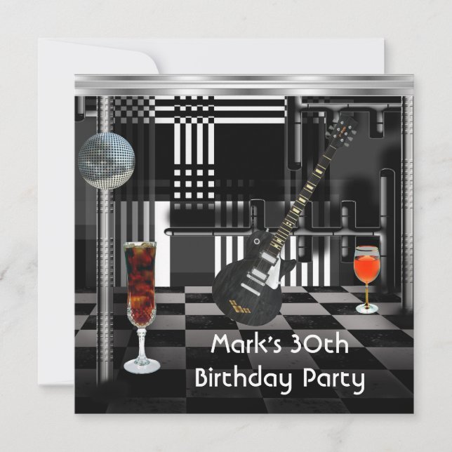 Birthday Party 30th Mens Guitar Drinks Black White Invitation (Front)