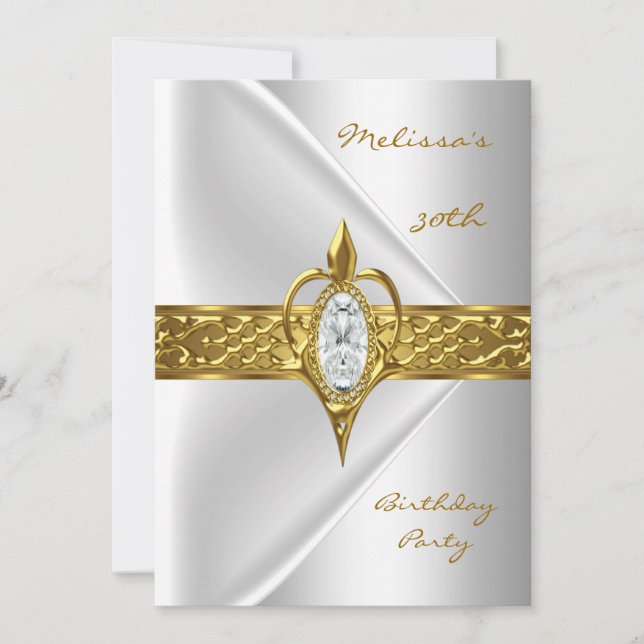 Birthday Party 30th Silk White Diamond gold jewel Invitation (Front)