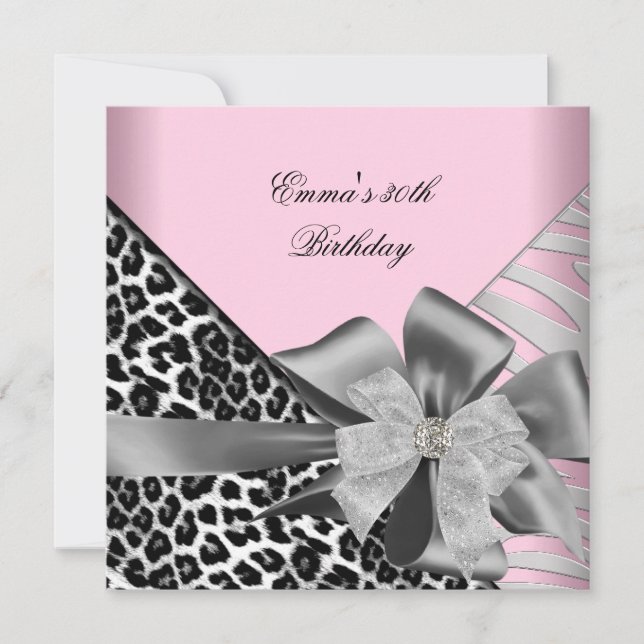 Birthday Party 30th Zebra Leopard Pink Black Invitation (Front)