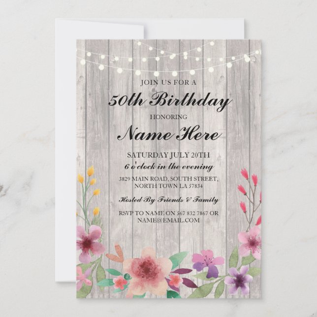 Birthday Party 40th 50th Rustic Wood Floral Invite (Front)