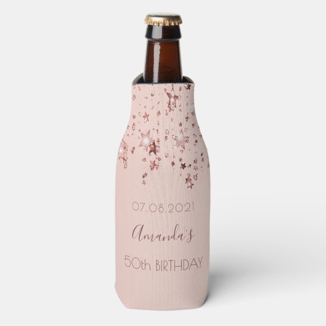 Birthday party 50 rose gold stars bottle cooler (Bottle Front)