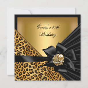 Birthday Party 50th Leopard Gold Black Bow Invitation