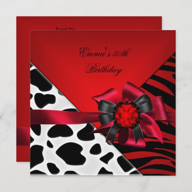 Birthday Party 50th Zebra Cow Red Black White Invitation (Front/Back)