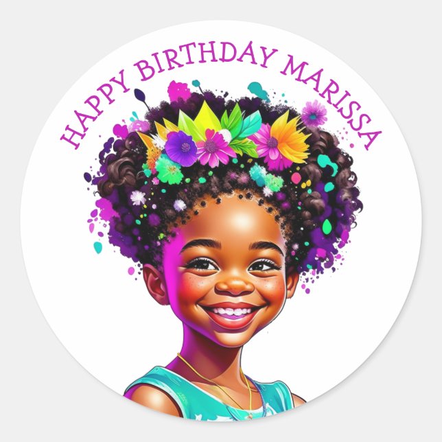 Birthday Party African-American Girl Personalized Classic Round Sticker (Front)