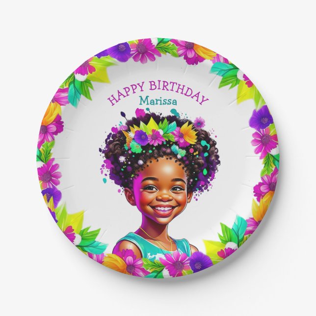 Birthday Party African-American Girl Personalized Paper Plate (Front)