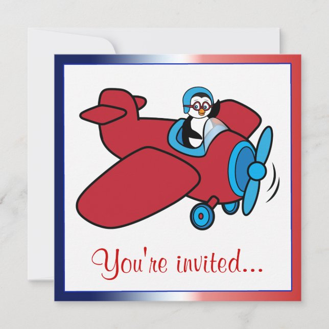 Birthday Party Airplane Penguin Pilot Invitation (Front)