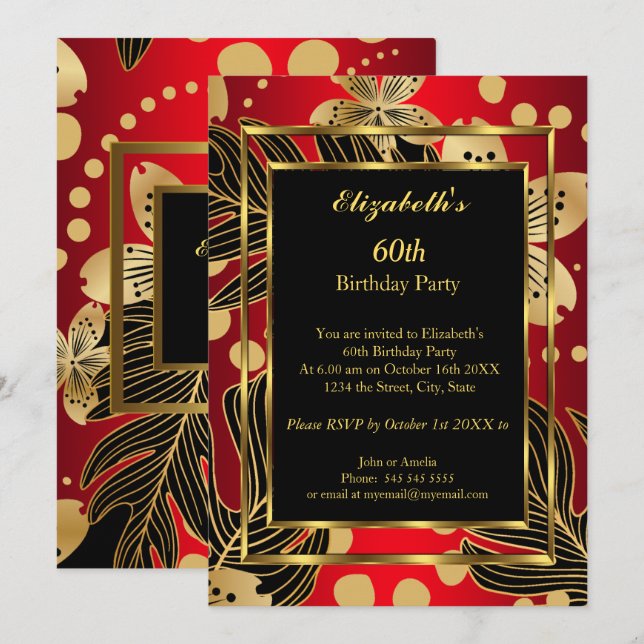 Birthday Party any age Gold Red Floral Invitation (Front/Back)