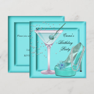 Birthday Party Aqua Teal Blue Turquoise Martini Invitation