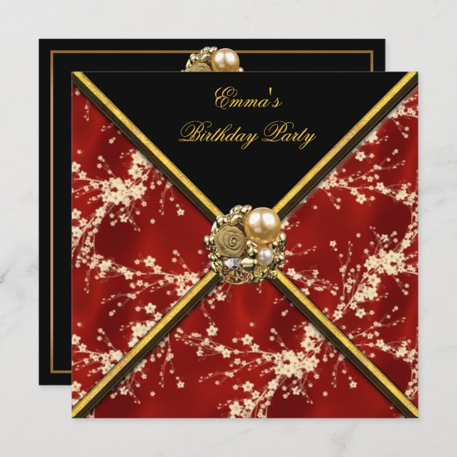 Birthday Party Asian Red Gold Black Blossom Invitation (Front/Back)