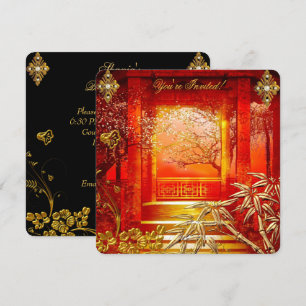 Birthday Party Asian View Gold Bamboo Red Invitation