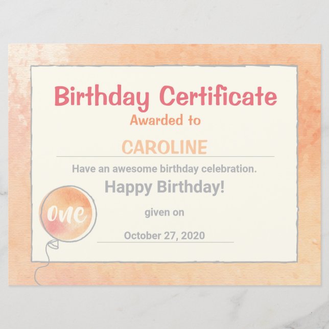 Birthday Party Balloon Clip Art Party Certificate (Front)