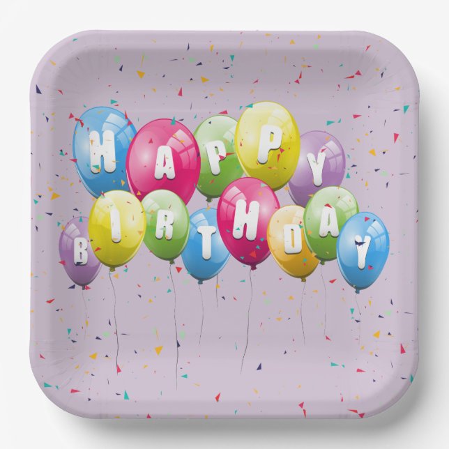 Birthday Party Balloons and Confetti Paper Plate (Front)