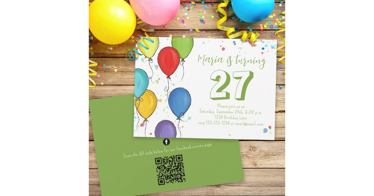 Birthday Party Balloons Confetti QR Code Facebook Invitation | Zazzle