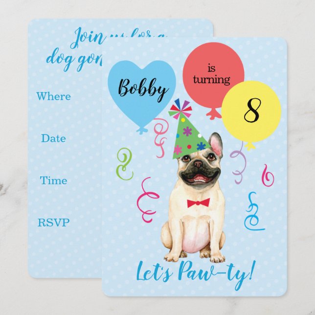 Birthday Party Balloons French Bulldog Invitation (Front/Back)