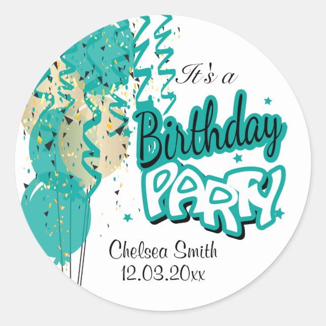 Birthday Party Balloons - Teal   Classic Round Sticker (Front)