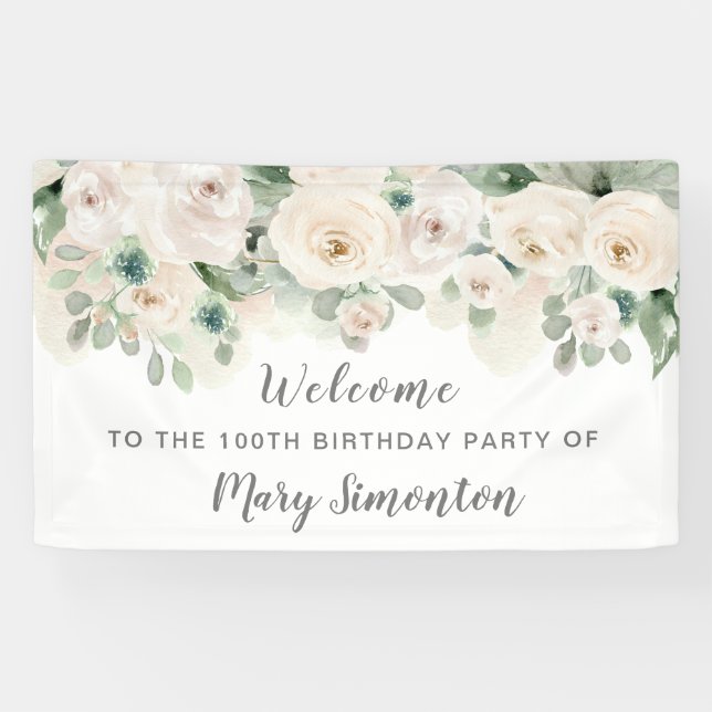 Birthday Party Banner 100th White Rose Floral  (Horizontal)