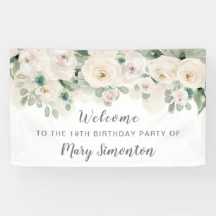 Birthday Party Banner 19th White Rose Floral 