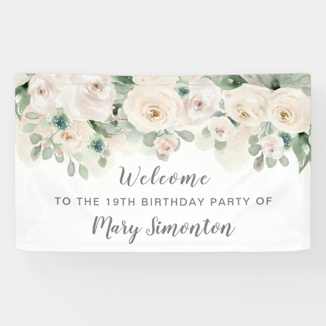 Birthday Party Banner 19th White Rose Floral  (Horizontal)