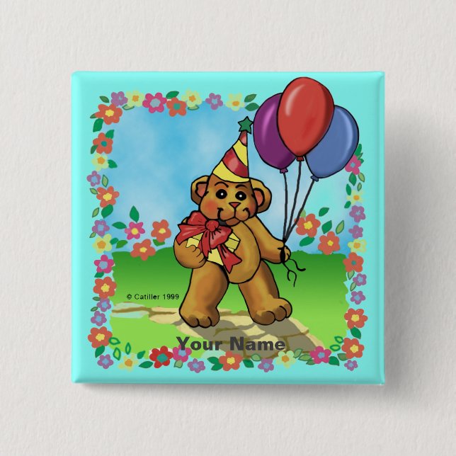 Birthday Party Bear  2 Inch Square Button (Front)