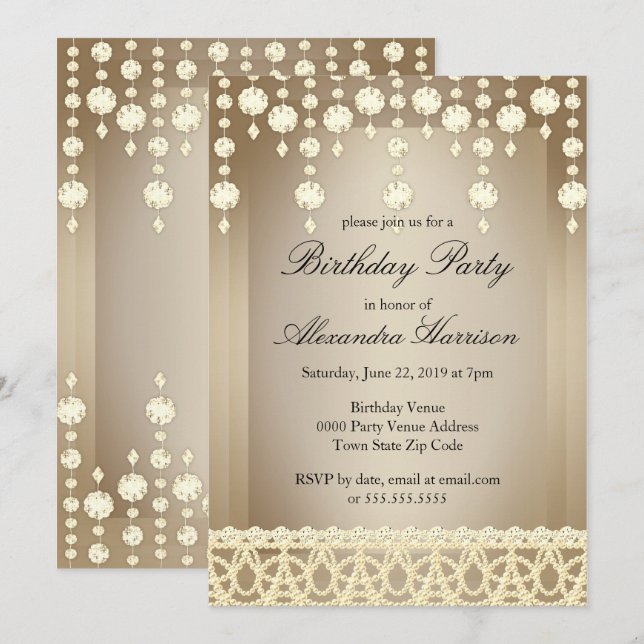 Birthday Party Beige Crystal Sepia Diamond Invitation (Front/Back)