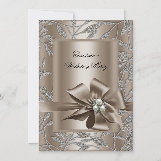 Birthday Party Beige Silver Pearl Damask 2 Invitation (Front)