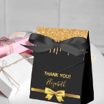 Birthday party black bow thank you favor box<br><div class="desc">Elegant,  classic,  glamourous and girly style favour  box. Faux gold coloured ribbon and bow with faux gold drips.  Black background. With the text: Thank You! Personalize and add a name written with a modern hand lettered style script.</div>