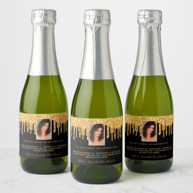 Birthday party black glitter gold fun facts photo sparkling wine label (Bottles)