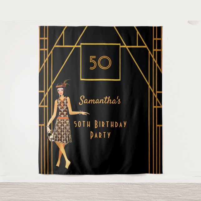 Birthday party black gold 1920's art deco style tapestry (Front)