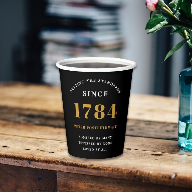 Birthday Party Black Gold Any Year Paper Cups (Personalized Birthday paper cups in black and gold. Easy to edit text for a unique touch.)