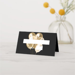 Birthday party black gold balloons name place card