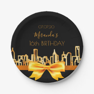 Birthday party black gold city skyline bow paper plate