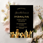 Birthday party black gold city skyline invitation<br><div class="desc">An invitation for an elegant 21st (or any age) birthday party for both him,  guys or her,  women.  An elegant black background with faux gold city skyline as decoration. The text: The name is written with a golden modern hand lettered style script. Template for name,  and party details.</div>