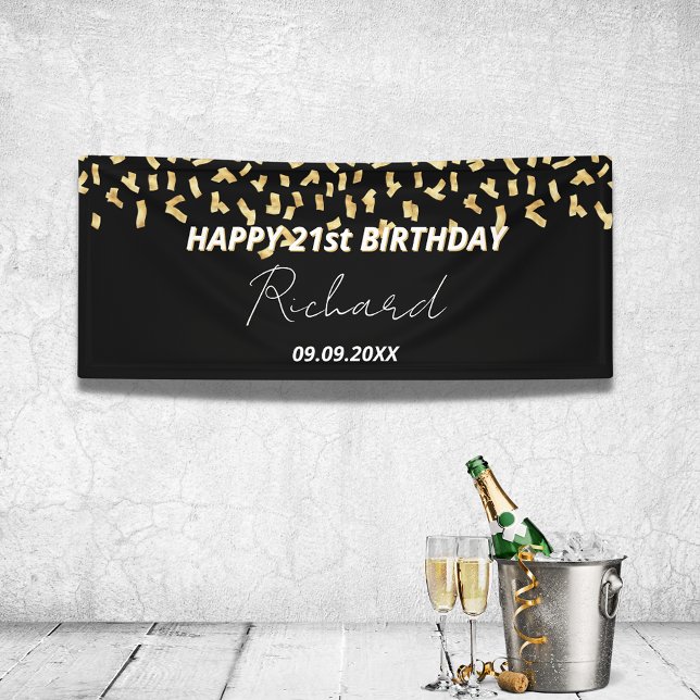 Birthday party black gold confetti banner (Creator Uploaded)