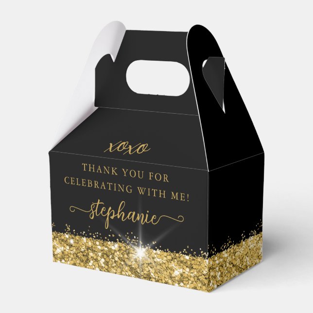 Birthday Party Black Gold Confetti Glitter Favor Box (Front Side)