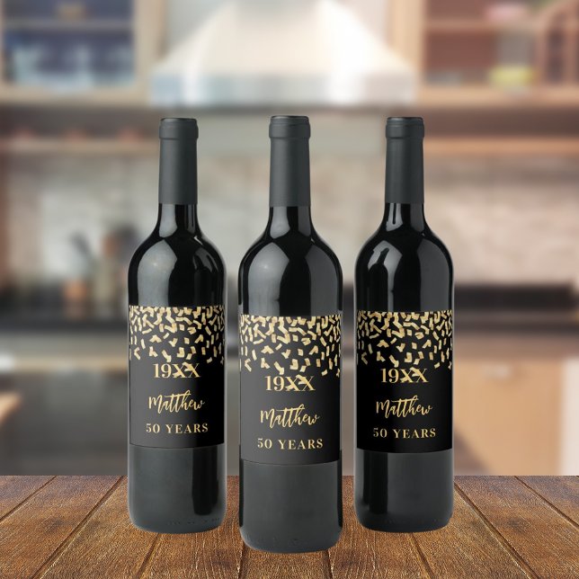 Birthday party black gold confetti name years wine label (Creator Uploaded)