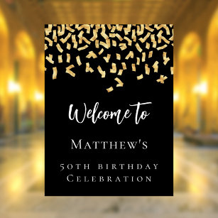 Birthday party black gold confetti welcome poster